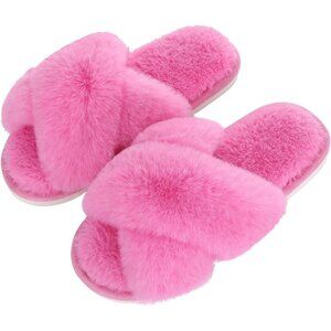 👑Women Slip on Sandal Hot Pink Cross Band Memory Foam House Open Toe Slipper